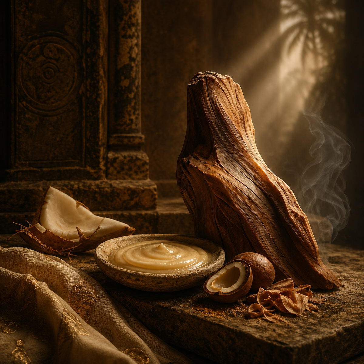 Coconut and shell on a textured surface with a draped fabric and light source in the background