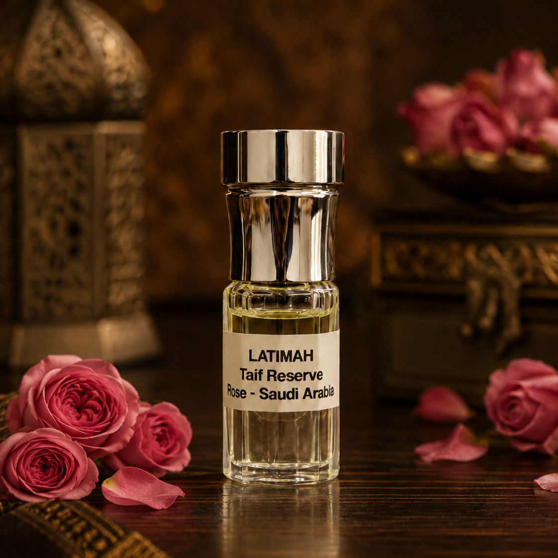 Latimah Taff Reserve perfume bottle with pink roses on a wooden surface