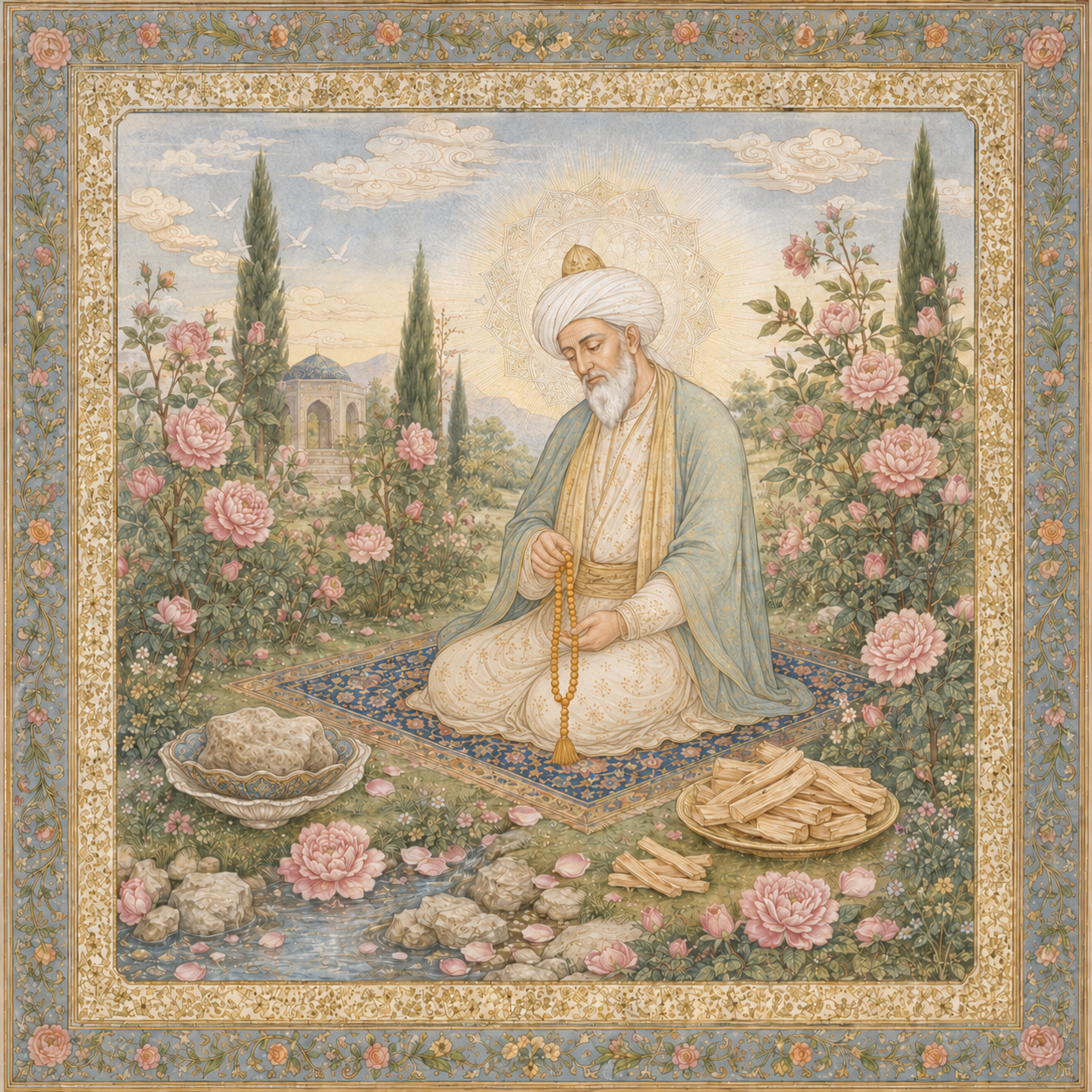 Decorative tapestry of a man in traditional attire sitting in a garden with flowers and food.