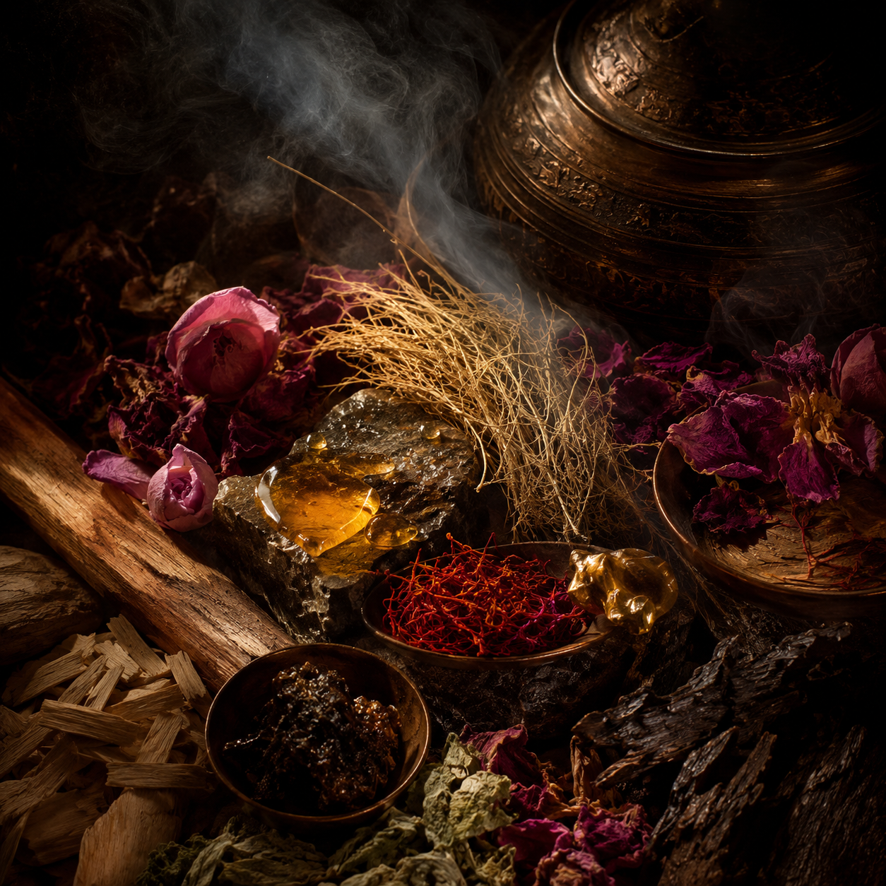 Spices and herbs with a smoking pot on a dark background