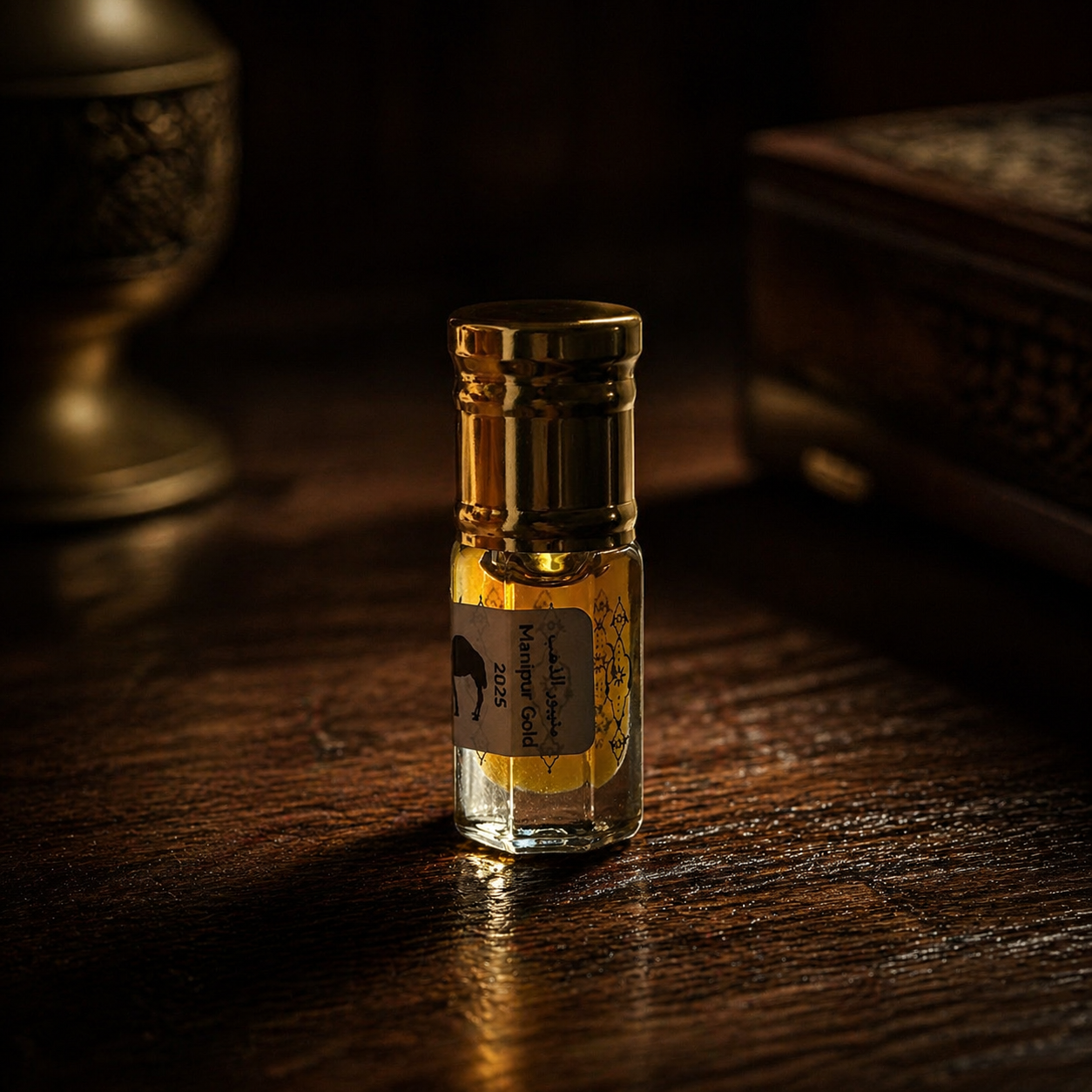 Small glass bottle with a label on a wooden surface
