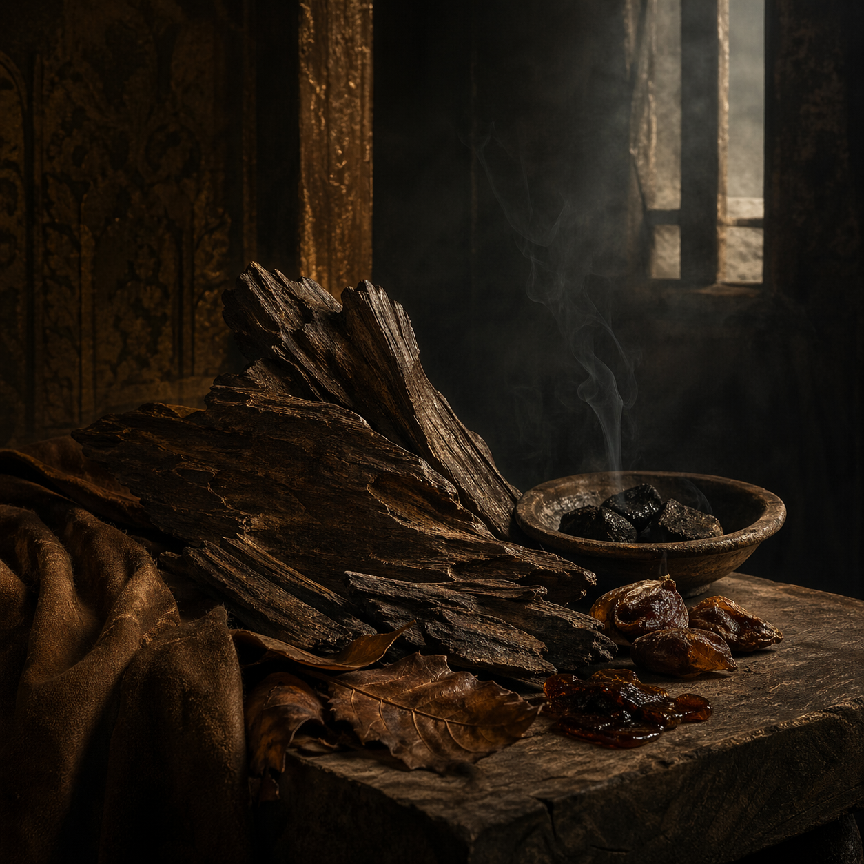 Smoldering wood and bowl with smoke in a dimly lit room